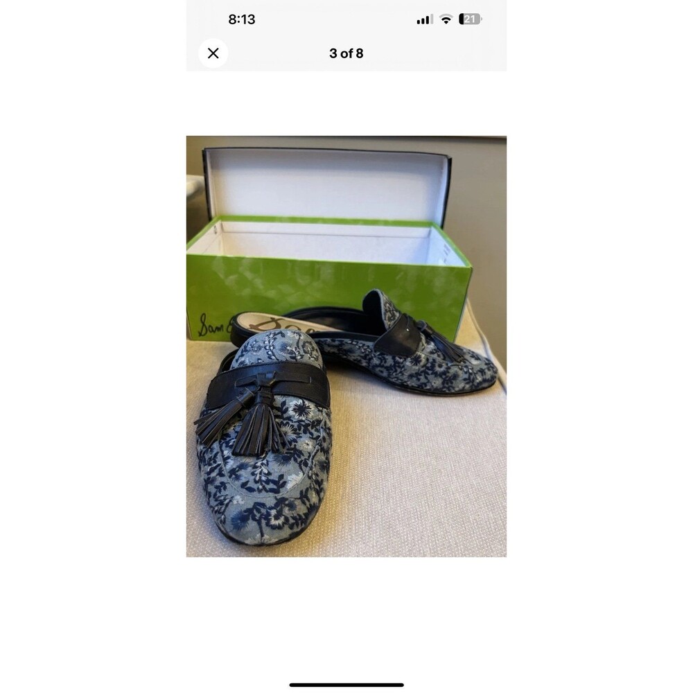 Sam Edelman Leather Paris Jacquard Blue Floral  Mules Size 8.5 - Picture 4 of 8